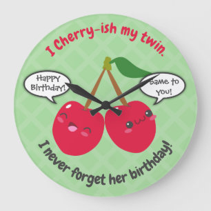 Cute Red Cherry Kawaii Twins Birthday Large Clock