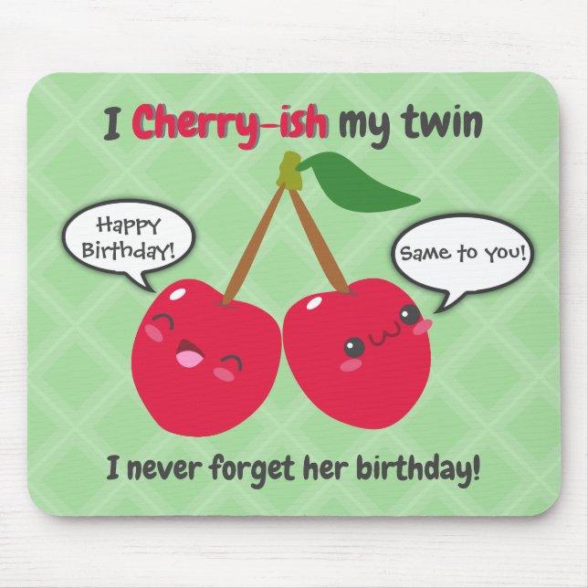 Cute Red Cherry Kawaii Twins Birthday Mouse Mat (Front)