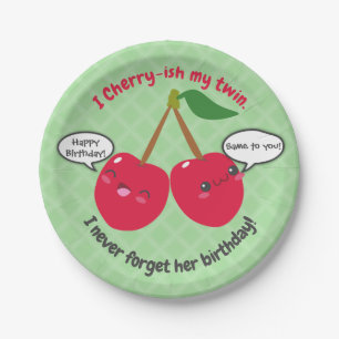Cute Red Cherry Kawaii Twins Birthday Paper Plate