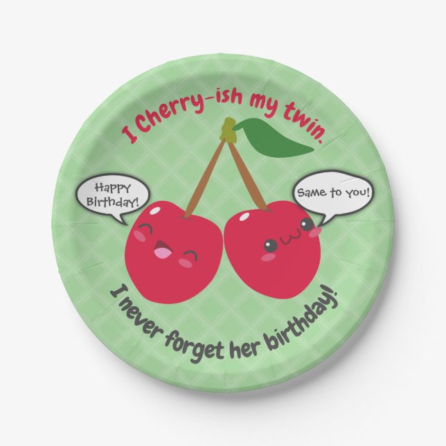 Cute Red Cherry Kawaii Twins Birthday Paper Plate (Front)