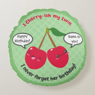 Cute Red Cherry Kawaii Twins Birthday Round Cushion
