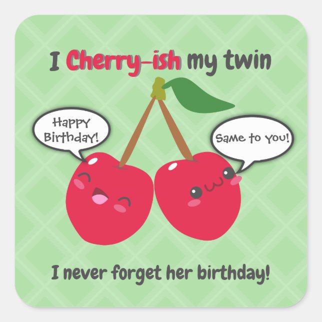 Cute Red Cherry Kawaii Twins Birthday Square Sticker (Front)