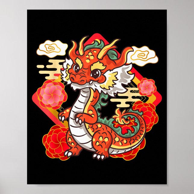 Cute Red Chinese New Year Of The Dragon 2024 Lunar Poster (Front)