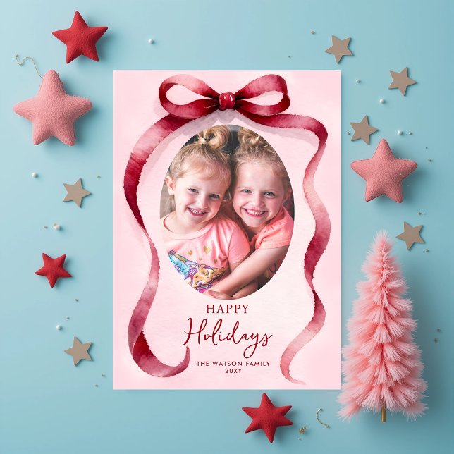 Cute Red Christmas 4 Photo Bow Ribbon  Holiday Card (Cute Red Christmas 4 Photo Bow Ribbon Holiday Card)