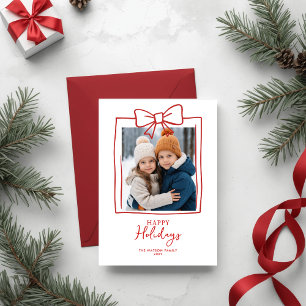 Cute Red Christmas 4 Photo Hand-Drawn Bow Ribbon  Holiday Card