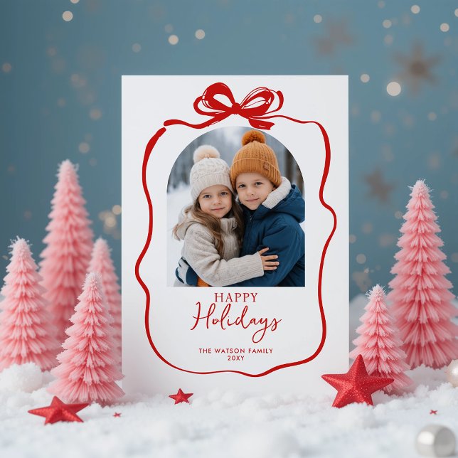 Cute Red Christmas 4 Photo Hand-Drawn Bow Ribbon  Holiday Card (Cute Red Christmas 4 Photo Hand-Drawn Bow Ribbon Holiday Card)