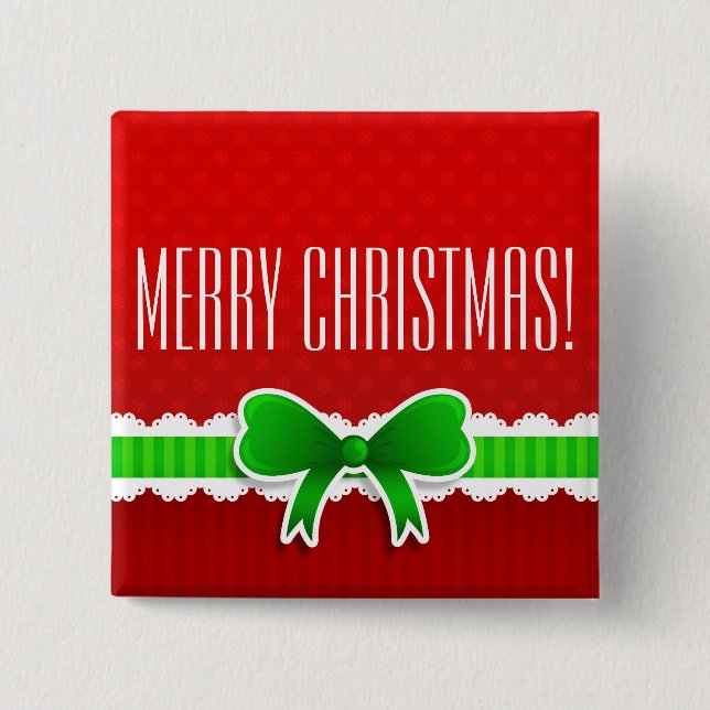 Cute Red Christmas Design Green Bow Personalised 15 Cm Square Badge (Front)