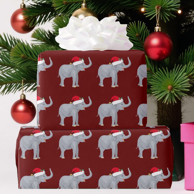 Cute Red Christmas Elephant in Santa Hat Wrapping Paper (Creator Uploaded)