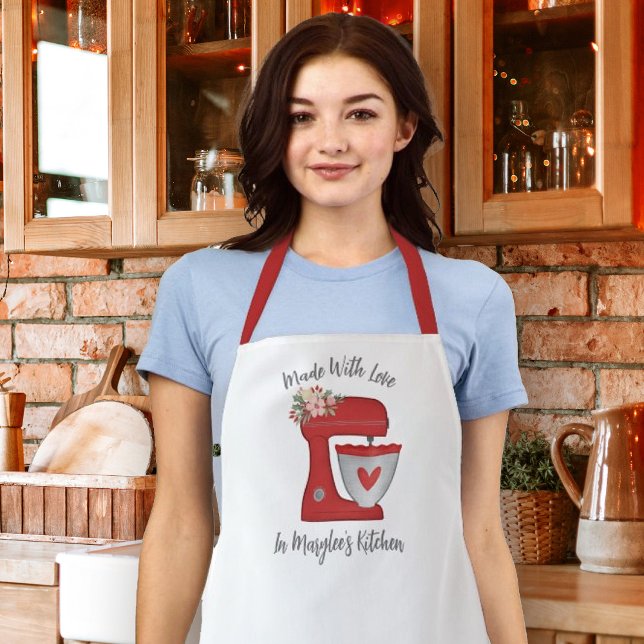 Cute Red Christmas Floral Cake Mixer Apron (A cute red christmas mixer decorates this apron. Personalize it with your name.)