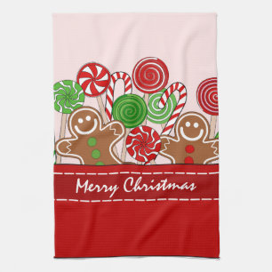 Cute red Christmas gingerbreads Tea Towel