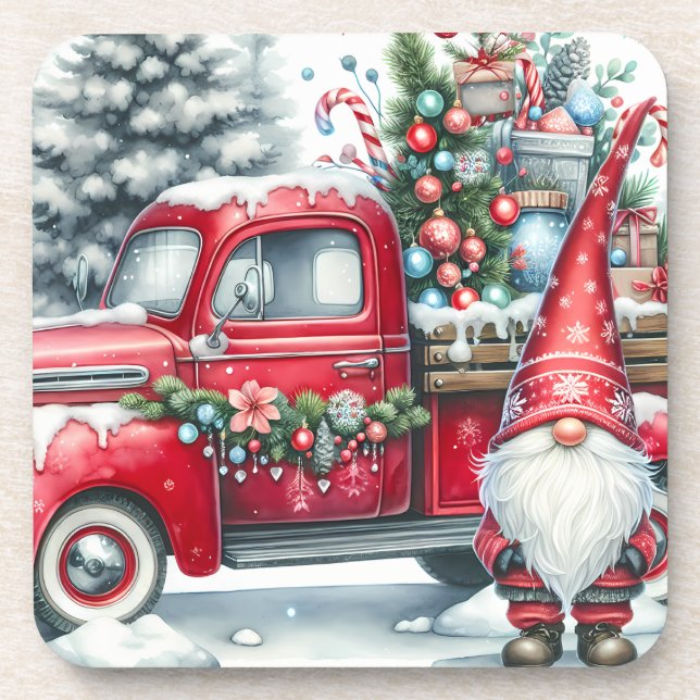 Cute Red Christmas Gnome/Vintage Truck Coaster (Front)
