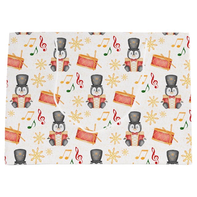 Cute Red Christmas Nutcracker Penguin Large Gift Bag (Front)