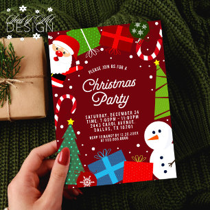 Cute Red Christmas Party Santa & Snowman Invitation