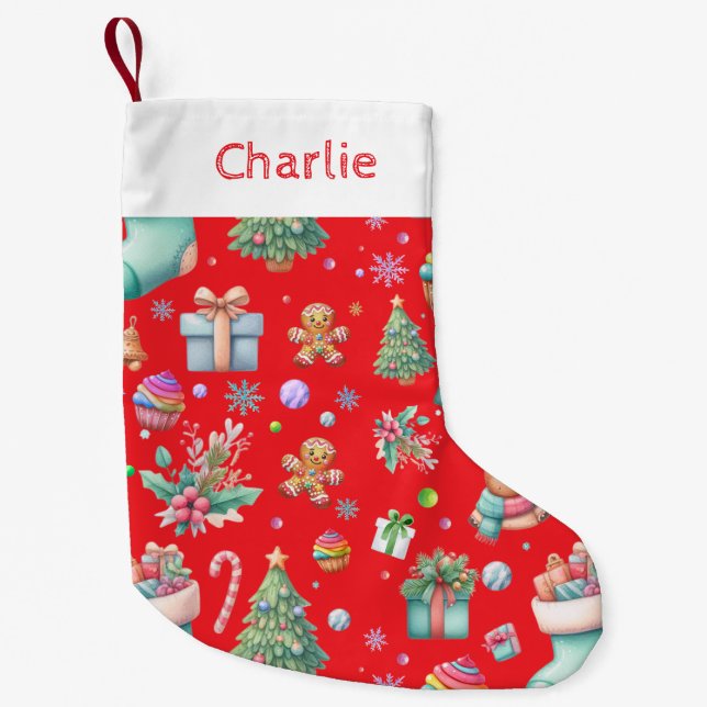 Cute Red Christmas Pattern | Holiday Cheer Small Christmas Stocking (Front)