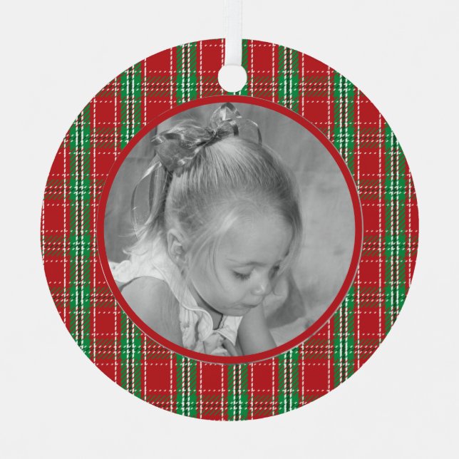 Cute Red Christmas Plaid Holiday Photo Ornament  (Front)