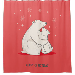 Cute Red Christmas Polar Bears Shower Curtain