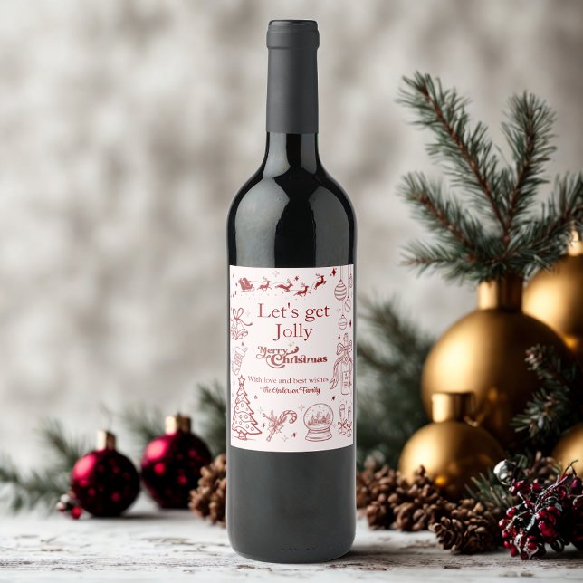 Cute red christmas quirky doodle custom text  wine label (Creator Uploaded)