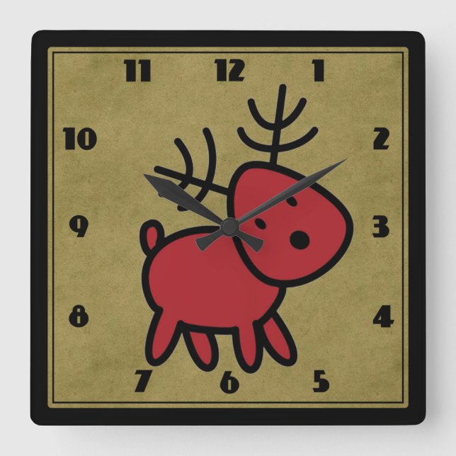 Cute Red Christmas Reindeer Illustration Square Wall Clock (Front)