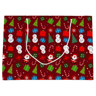 Cute Red Christmas Santa & Snowman Pattern Large Gift Bag