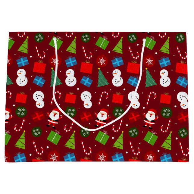 Cute Red Christmas Santa & Snowman Pattern Large Gift Bag (Front)