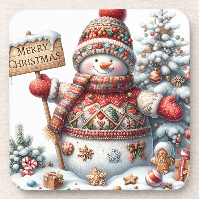 Cute Red Christmas Snowman Coaster (Front)
