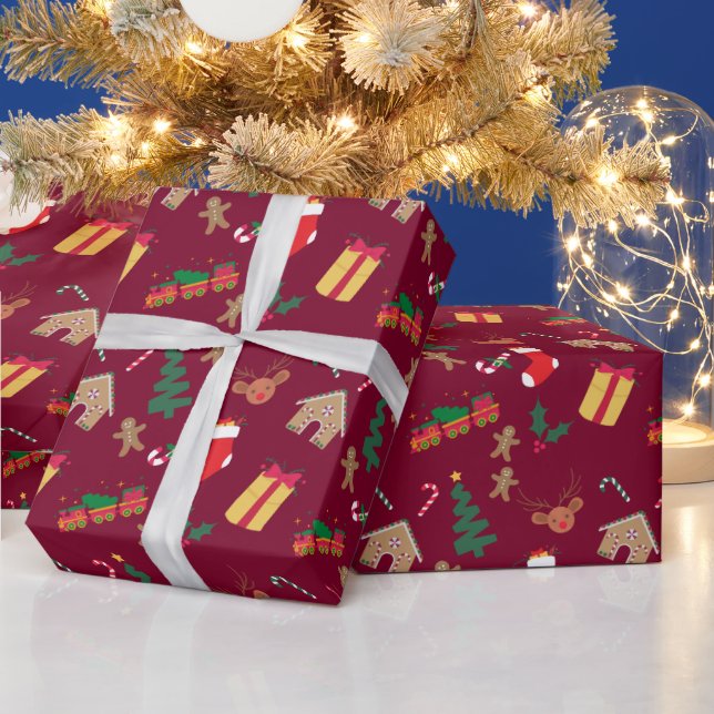 Cute Red Christmas Themed Pattern Wrapping Paper (Holidays)