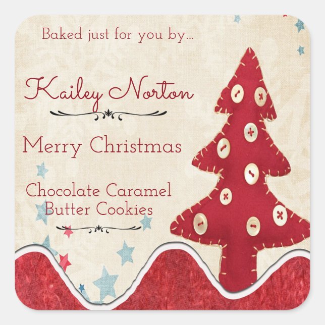 Cute Red Christmas Tree, Cookies and Treats Square Sticker (Front)