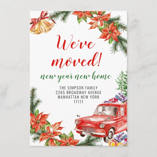 Cute Red Christmas Truck Poinsettia Moving Announcement (Front)