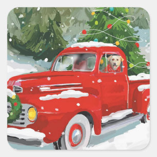 Cute Red Christmas Truck With Dog Square Sticker