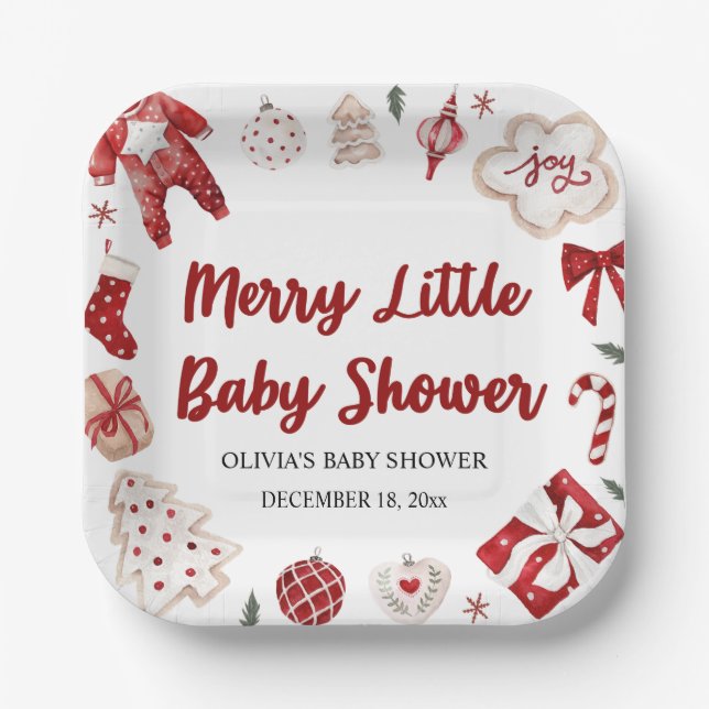 Cute Red Christmas Winter Merry Little Baby Shower Paper Plate (Front)