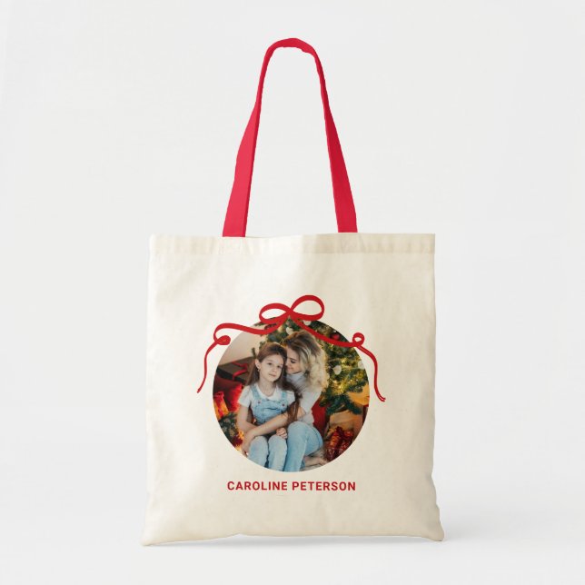 Cute Red Coquette Bow Ribbon Custom Photo Gift Tote Bag (Front)