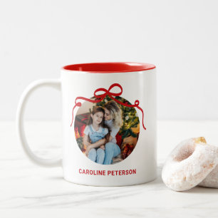 Cute Red Coquette Bow Ribbon Custom Photo Gift Two-Tone Coffee Mug
