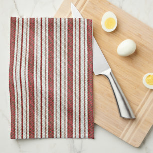 Cute Red Country Farmhouse Linen Stripes Pattern Tea Towel