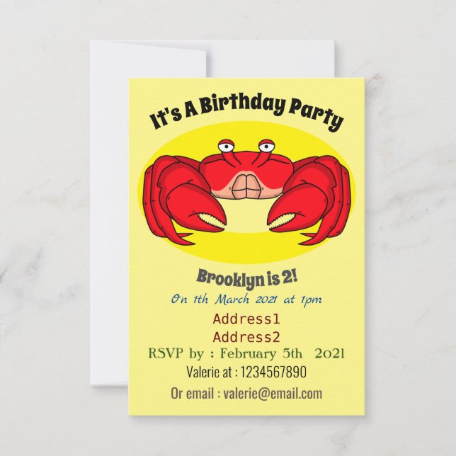Cute red crab cartoon illustration invitation (Front)