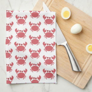 Cute Red Crab Pattern - Coastal Tea Towel