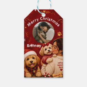 Cute Red Crimson Merry Christmas Dog Mum Photo Gift Tags