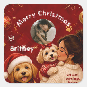 Cute Red Crimson Merry Christmas Dog Name Photo Square Sticker