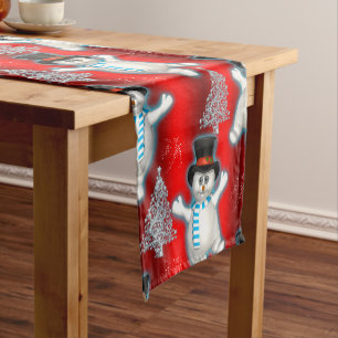 Cute Red Dancing Snowman Christmas Short Table Runner
