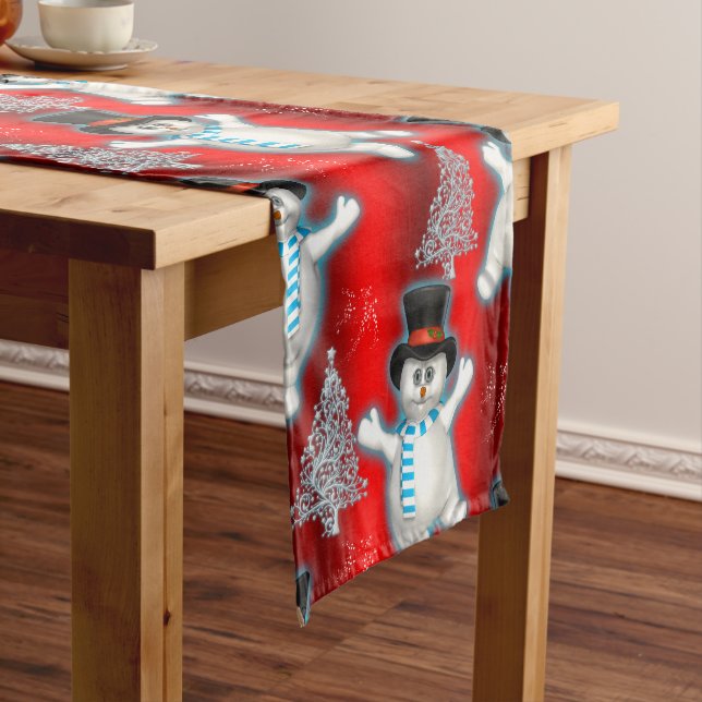 Cute Red Dancing Snowman Christmas Short Table Runner (In Situ)