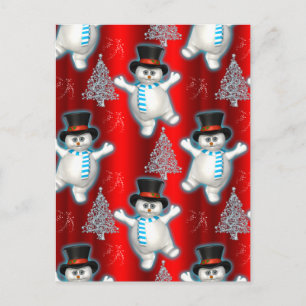 Cute Red Dancing Snowmen Christmas Holiday Postcard