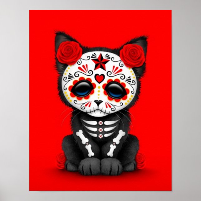 Cute Red Day of the Dead Kitten Cat, red Poster (Front)