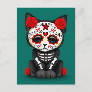 Cute Red Day of the Dead Kitten Cat, teal blue Postcard