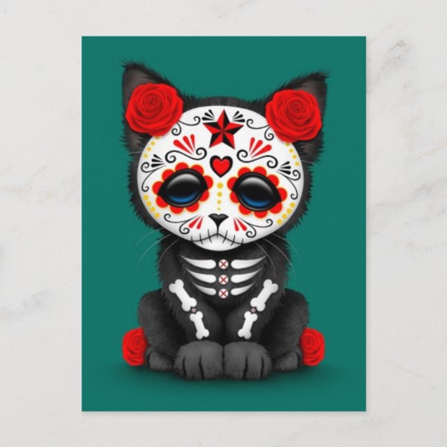 Cute Red Day of the Dead Kitten Cat, teal blue Postcard (Front)