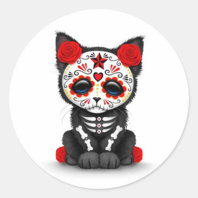 Cute Red Day of the Dead Kitten Cat, white Classic Round Sticker (Front)