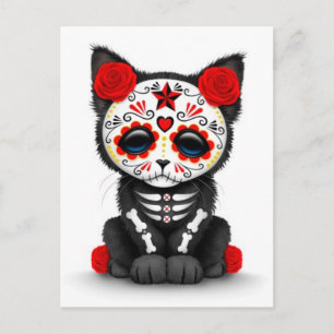 Cute Red Day of the Dead Kitten Cat, white Postcard