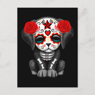 Cute Red Day of the Dead Puppy Dog Black Postcard