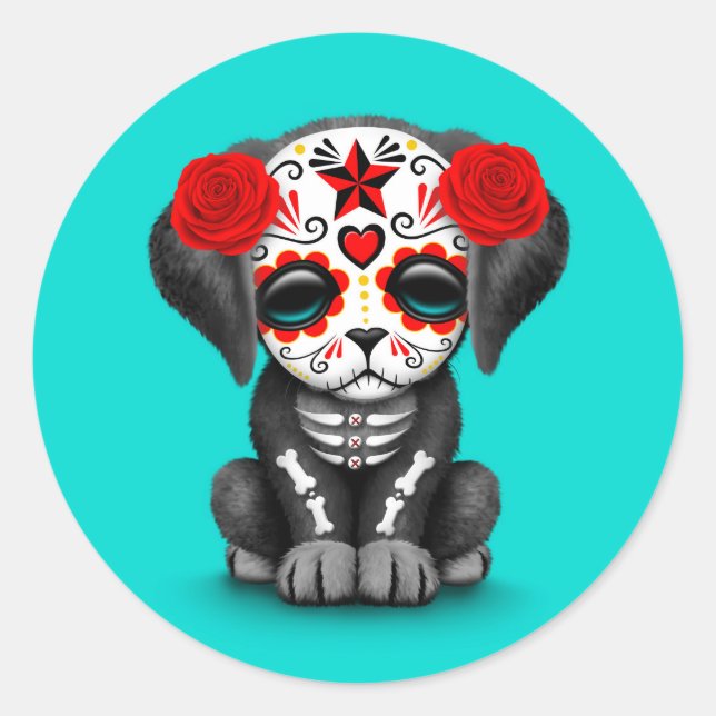 Cute Red Day of the Dead Puppy Dog Blue Classic Round Sticker (Front)