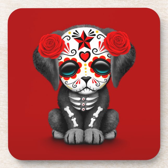 Cute Red Day of the Dead Puppy Dog Coaster (Front)