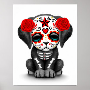 Cute Red Day of the Dead Puppy Dog White Poster
