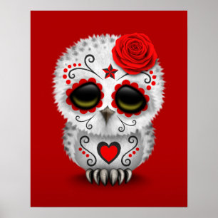 Cute Red Day of the Dead Sugar Skull Owl Red Poster